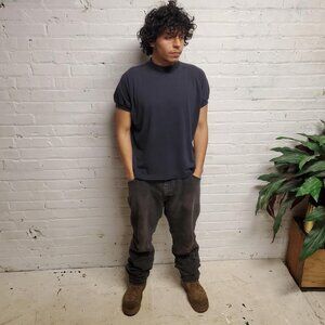 mens black vintage 80s tight neck  short sleeve Tee / T-shirt size large